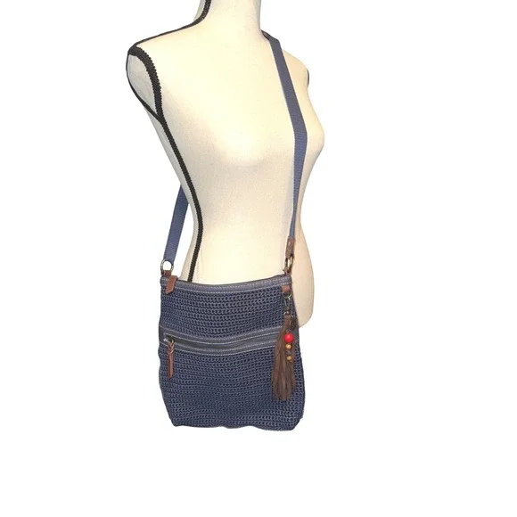 The Sak Crossbody Navy Blue Crochet Tassel Charm Zipper Pocket Bag Purse - Picture 4 of 12